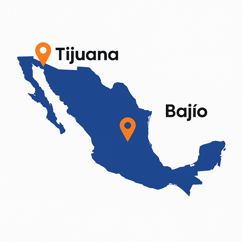 Mapa de México con ubicaciones en Tijuana y Bajío